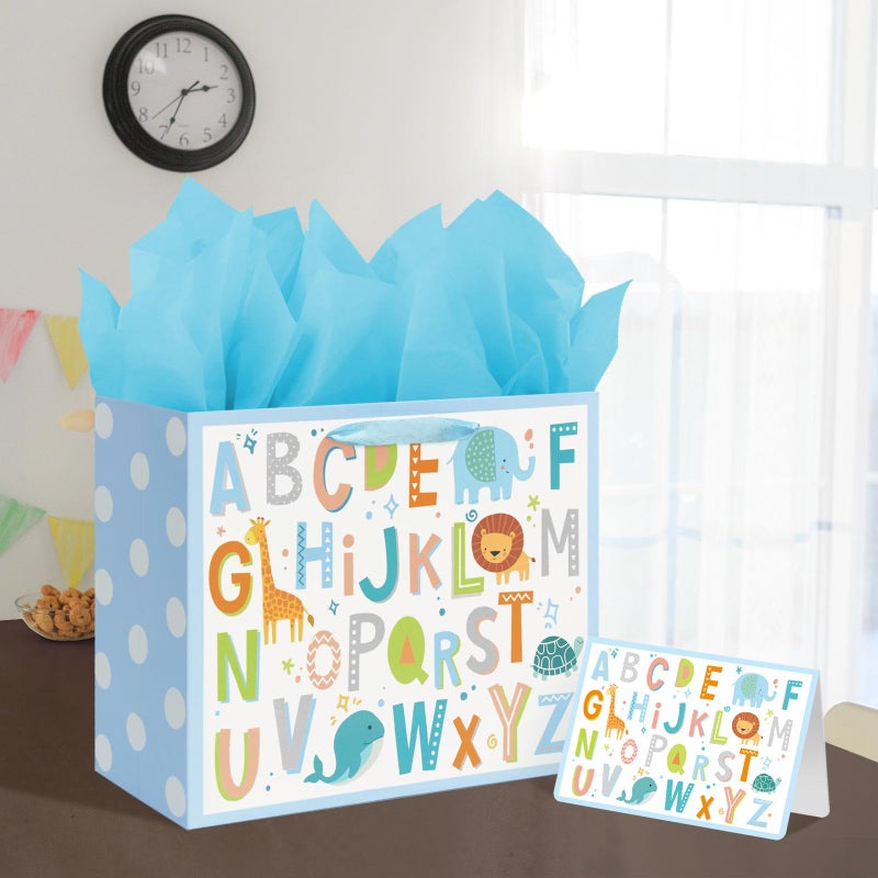 Laidans 13"" Large Baby Boy Gift Bag with Tissue Paper and Greeting Card for Baby Shower Birthday (ABC Alphabet Animal) - Image 5